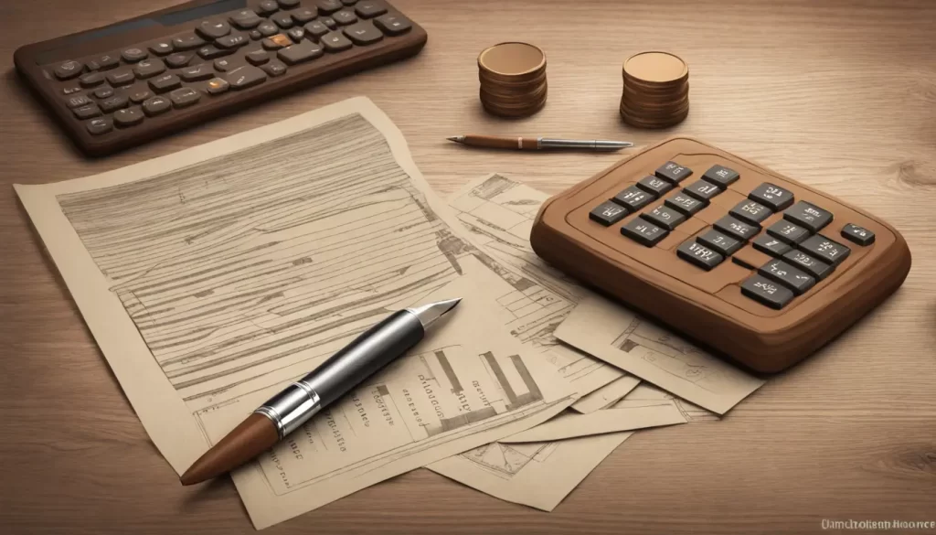 Imagem representando as nuances dos contratos de financiamento bancário com um contrato sobre uma mesa e elementos financeiros como moedas e calculadora.