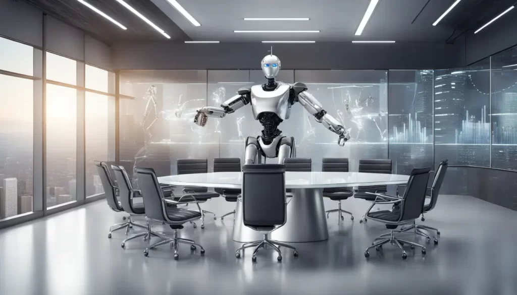 Robôs humanoides e humanos apertando mãos em uma sala de conferências moderna, simbolizando a modernização das leis trabalhistas.