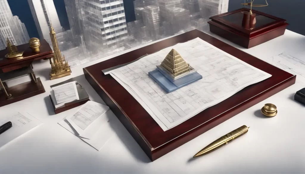 Maquete de arranha-céu com plantas arquitetônicas, balança de justiça em latão e documentos legais, representando a incorporação imobiliária.
